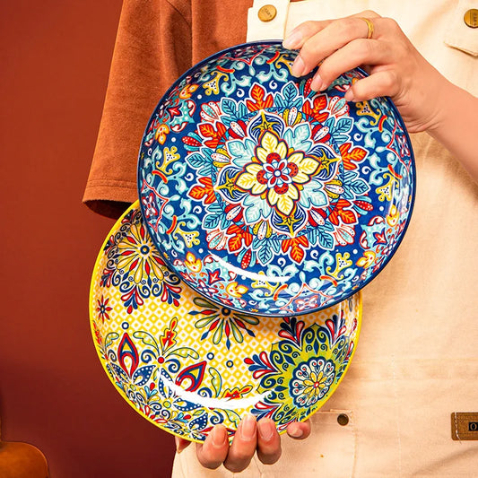 1pc Bohemian Style Ceramic Plate with High Aesthetic Value Home Creative 7-inch Fruit Plate Steak Plate Round Tableware