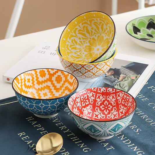 4-Piece Bohemian Ceramic Bowl Set - Salad, Dessert, Soup, Fruit, Appetizer & Snack Nut Bowls, Dishwasher & Microwave Safe