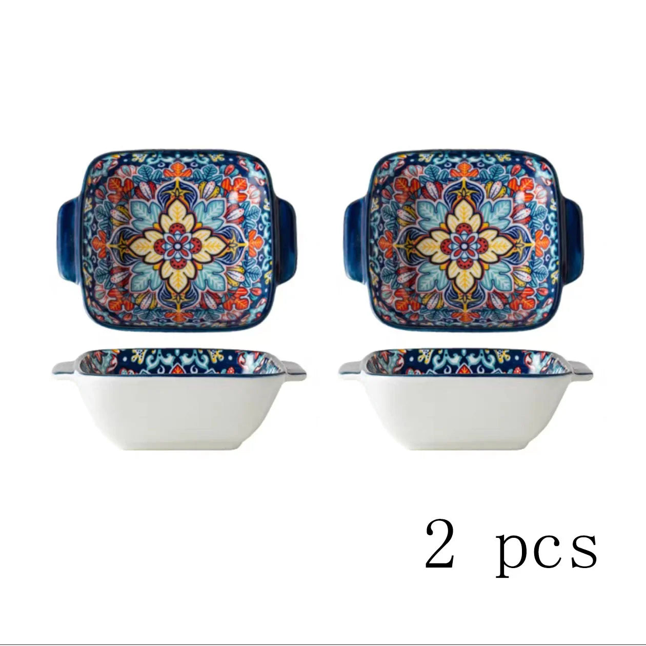 2Only15.24Bohemian-style ceramic salad bowl/Pasta bowl,Reusable dessert container with handle/Snack bowl,Boho tableware