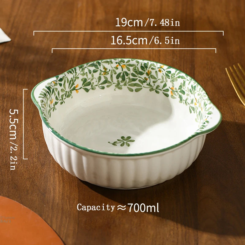 1/4pcs Ceramic Bowl Plate Set, Double Ear, Four Seasons Floral,Oven Microwave Safe, Noodles Salad Fruit,Party Hot Pot Picnic BBQ
