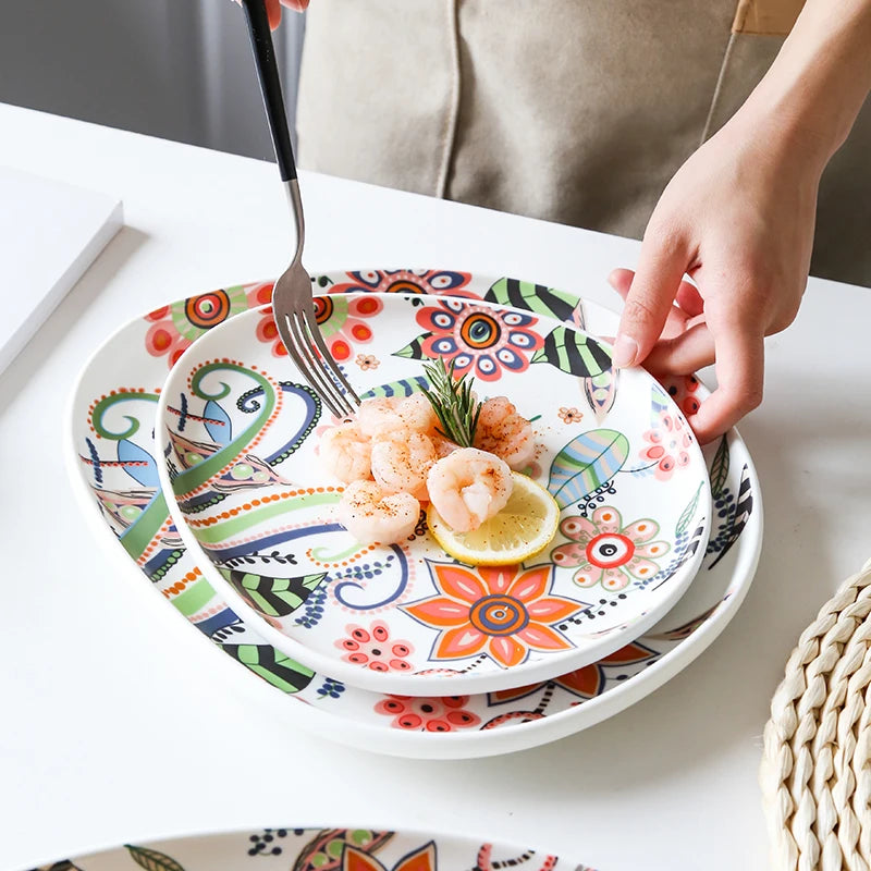 Nordic Hand-painted Ceramic  Salad Plate Tableware Pizza Plate Ceramic Western Food Tray Pasta Bowl Snack Plate Fruits Plates