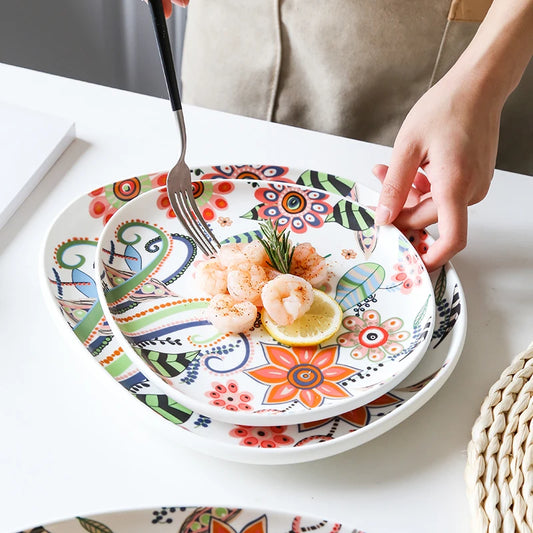 Nordic Hand-painted Ceramic  Salad Plate Tableware Pizza Plate Ceramic Western Food Tray Pasta Bowl Snack Plate Fruits Plates