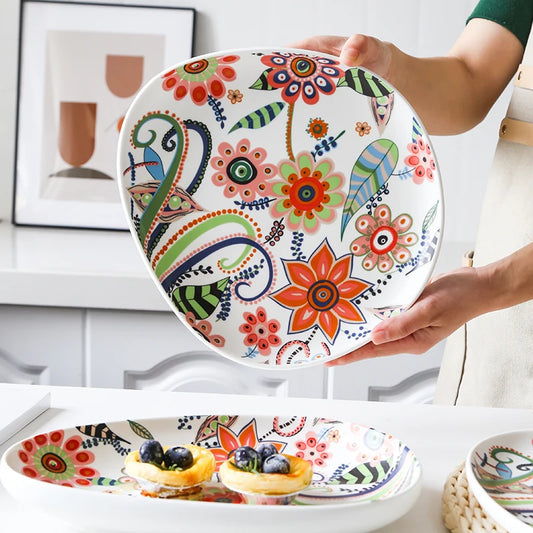 Nordic Hand-painted Ceramic  Salad Plate Tableware Pizza Plate Ceramic Western Food Tray Pasta Bowl Snack Plate Fruits Plates
