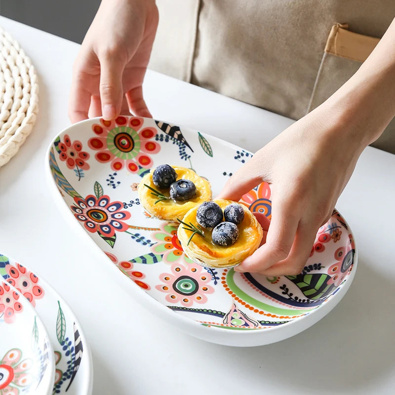 Nordic Hand-painted Ceramic  Salad Plate Tableware Pizza Plate Ceramic Western Food Tray Pasta Bowl Snack Plate Fruits Plates