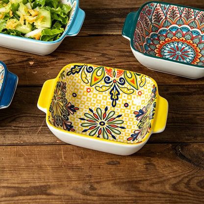 2Only15.24Bohemian-style ceramic salad bowl/Pasta bowl，Reusable dessert container with handle/Snack bowl，Boho tableware