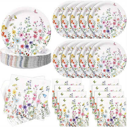 120pcs of Wildflower-Themed Paper Plates And Napkins, 9 Inches in Size, Perfect for Disposable Tableware at a Baby Shower, Spring Birthday