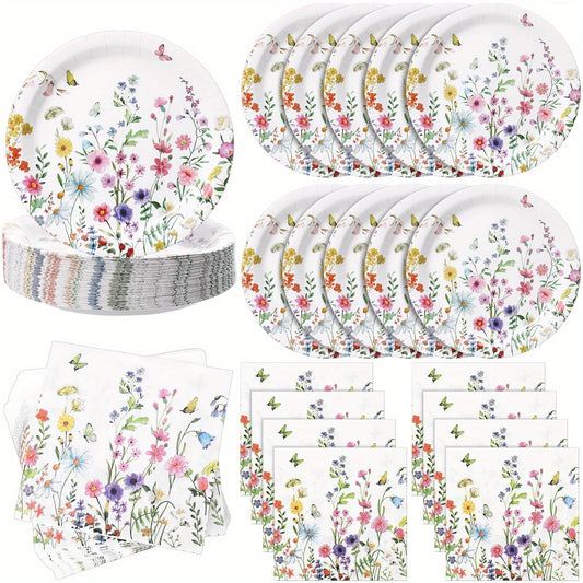 120pcs of Wildflower-Themed Paper Plates And Napkins, 9 Inches in Size, Perfect for Disposable Tableware at a Baby Shower, Spring Birthday