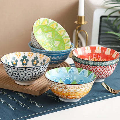 6-Piece Bohemian Ceramic Bowls 6.3 Inch - Large Capacity for Salad, Pasta, Soup, Fruit & Noodles, Microwave/Oven/Dishwasher Safe