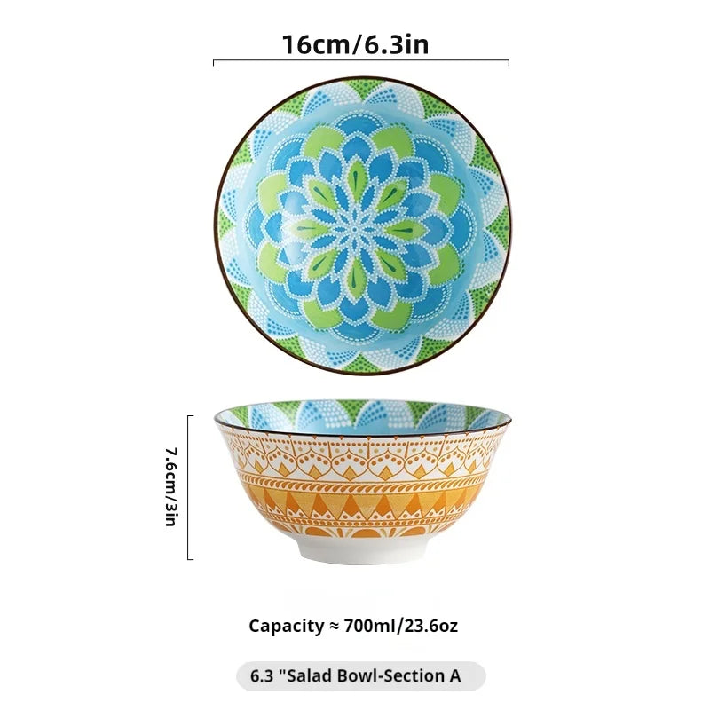 6-Piece Bohemian Ceramic Bowls 6.3 Inch - Large Capacity for Salad, Pasta, Soup, Fruit & Noodles, Microwave/Oven/Dishwasher Safe