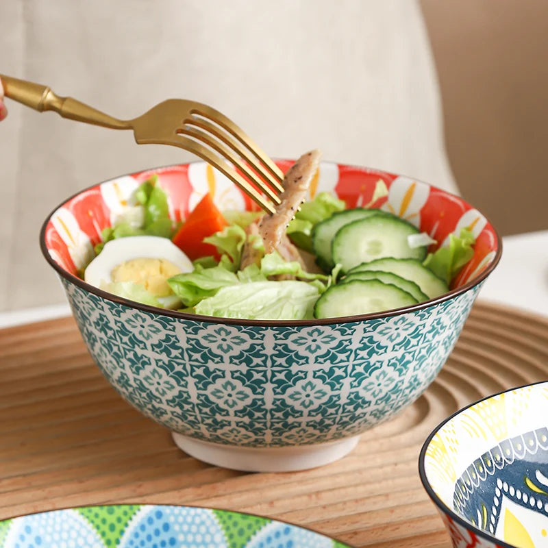 6-Piece Bohemian Ceramic Bowls 6.3 Inch - Large Capacity for Salad, Pasta, Soup, Fruit & Noodles, Microwave/Oven/Dishwasher Safe