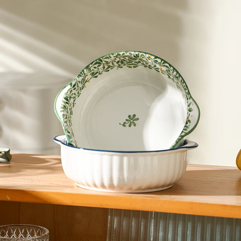 1/4pcs Ceramic Bowl Plate Set, Double Ear, Four Seasons Floral,Oven Microwave Safe, Noodles Salad Fruit,Party Hot Pot Picnic BBQ
