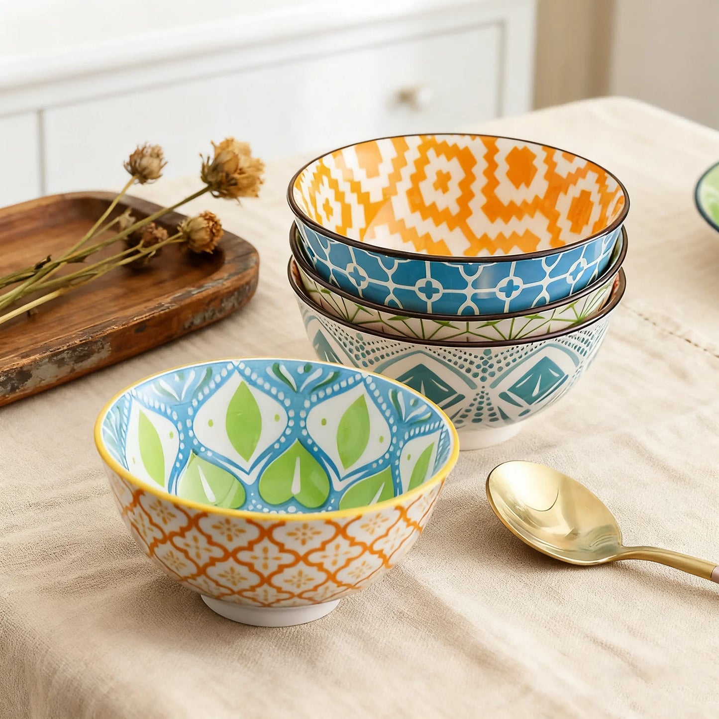 4-Piece Bohemian Ceramic Bowl Set - Salad, Dessert, Soup, Fruit, Appetizer & Snack Nut Bowls, Dishwasher & Microwave Safe