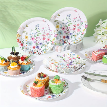 120pcs of Wildflower-Themed Paper Plates And Napkins, 9 Inches in Size, Perfect for Disposable Tableware at a Baby Shower, Spring Birthday
