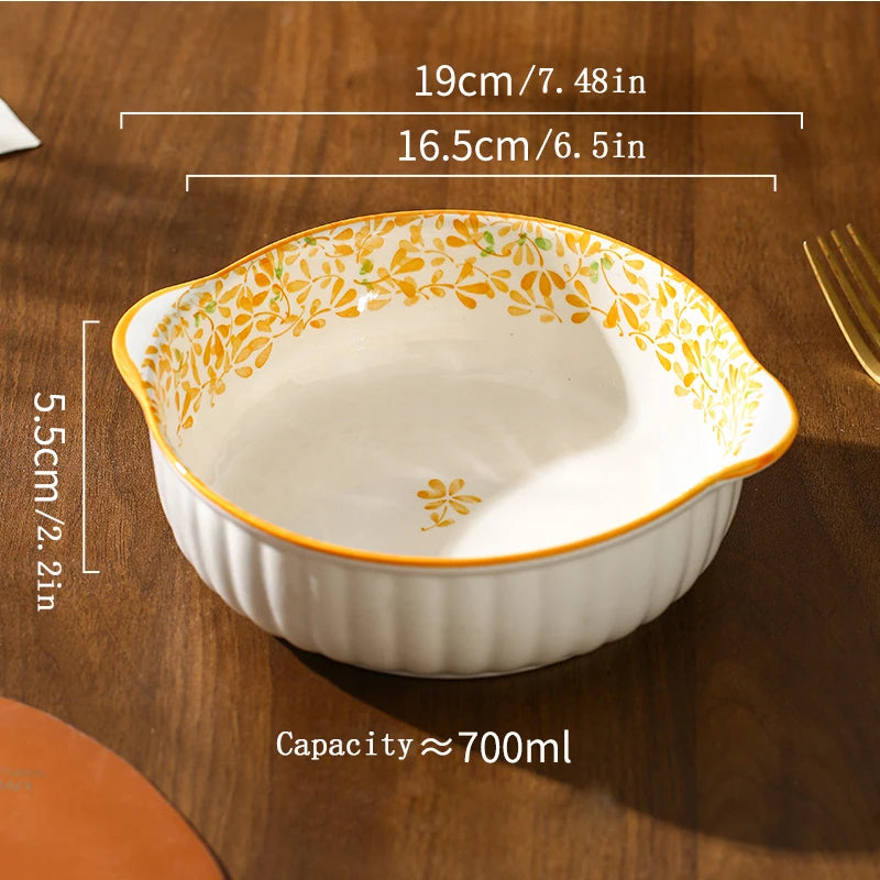 1/4pcs Ceramic Bowl Plate Set, Double Ear, Four Seasons Floral,Oven Microwave Safe, Noodles Salad Fruit,Party Hot Pot Picnic BBQ