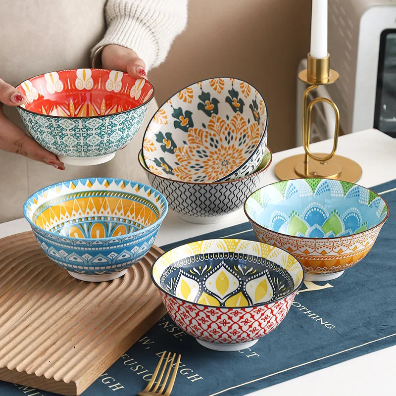 6-Piece Bohemian Ceramic Bowls 6.3 Inch - Large Capacity for Salad, Pasta, Soup, Fruit & Noodles, Microwave/Oven/Dishwasher Safe