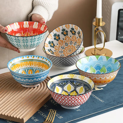 6-Piece Bohemian Ceramic Bowls 6.3 Inch - Large Capacity for Salad, Pasta, Soup, Fruit & Noodles, Microwave/Oven/Dishwasher Safe