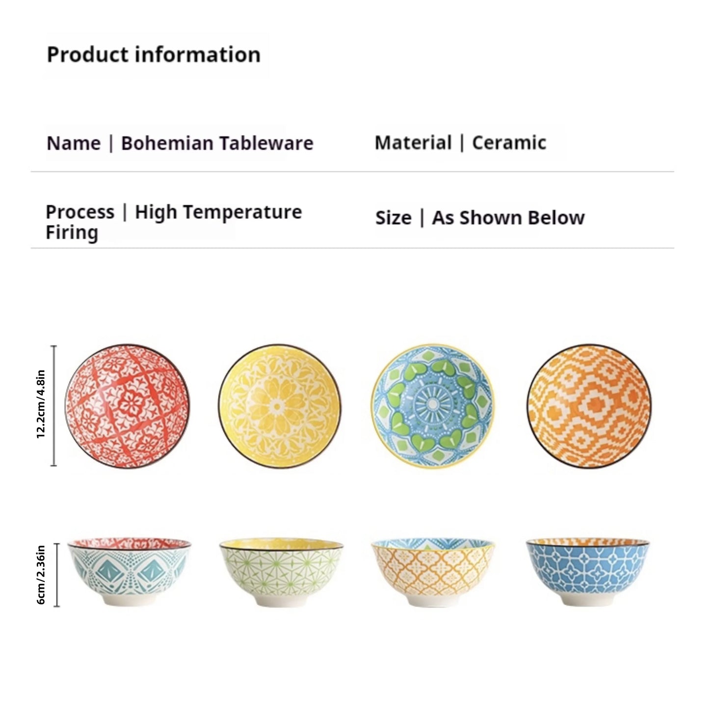 4-Piece Bohemian Ceramic Bowl Set - Salad, Dessert, Soup, Fruit, Appetizer & Snack Nut Bowls, Dishwasher & Microwave Safe