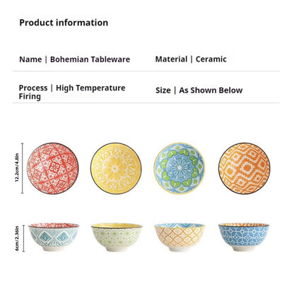 4-Piece Bohemian Ceramic Bowl Set - Salad, Dessert, Soup, Fruit, Appetizer & Snack Nut Bowls, Dishwasher & Microwave Safe