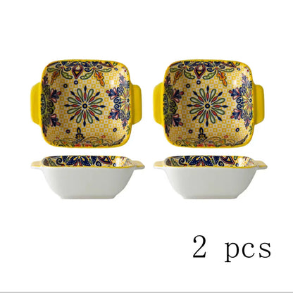 2Only15.24Bohemian-style ceramic salad bowl/Pasta bowl，Reusable dessert container with handle/Snack bowl，Boho tableware