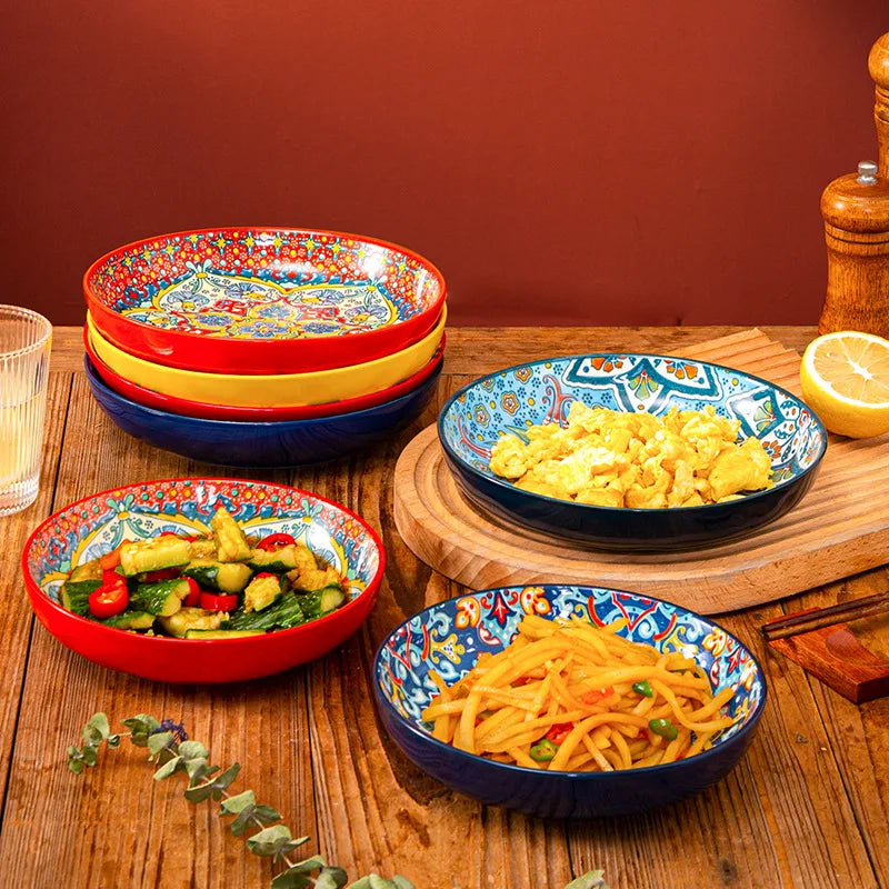 1pc Bohemian Style Ceramic Plate with High Aesthetic Value Home Creative 7-inch Fruit Plate Steak Plate Round Tableware