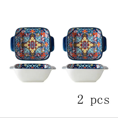 2Only15.24Bohemian-style ceramic salad bowl/Pasta bowl，Reusable dessert container with handle/Snack bowl，Boho tableware