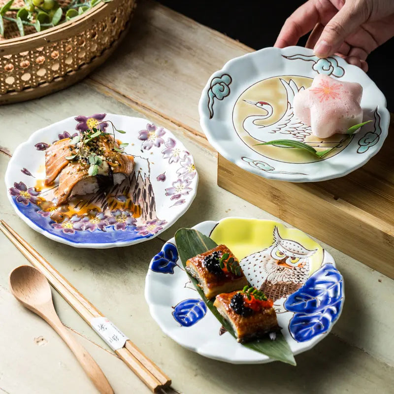 Japanese Style Creative Tableware Featuring Embossed Flower Shaped Small Plates and Sushi Plates