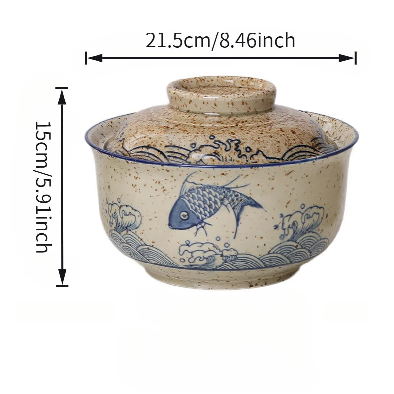 1pc 8.5-Inch Ceramic Bowl with Lid – Japanese-Style Ramen, Rice & Pasta Bowl – Microwave & Dishwasher Safe – Perfect for Home