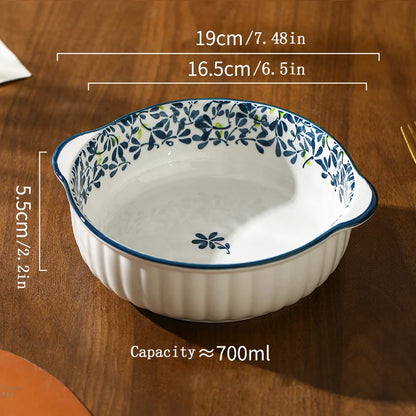 1/4pcs Ceramic Bowl Plate Set, Double Ear, Four Seasons Floral,Oven Microwave Safe, Noodles Salad Fruit,Party Hot Pot Picnic BBQ