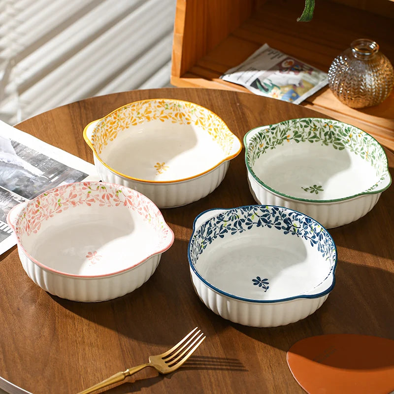 1/4pcs Ceramic Bowl Plate Set, Double Ear, Four Seasons Floral,Oven Microwave Safe, Noodles Salad Fruit,Party Hot Pot Picnic BBQ