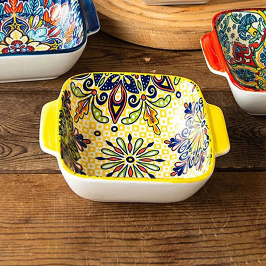 2Only15.24Bohemian-style ceramic salad bowl/Pasta bowl，Reusable dessert container with handle/Snack bowl，Boho tableware