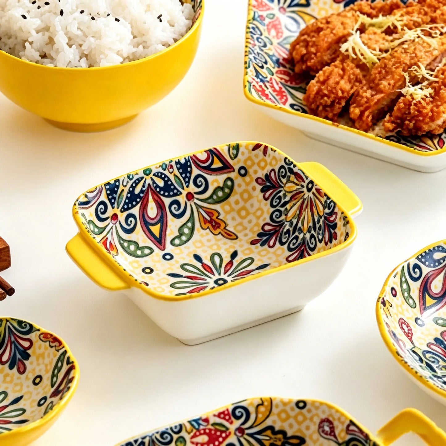 2Only15.24Bohemian-style ceramic salad bowl/Pasta bowl，Reusable dessert container with handle/Snack bowl，Boho tableware