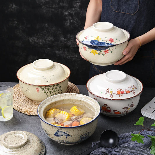 1pc 8.5-Inch Ceramic Bowl with Lid – Japanese-Style Ramen, Rice & Pasta Bowl – Microwave & Dishwasher Safe – Perfect for Home