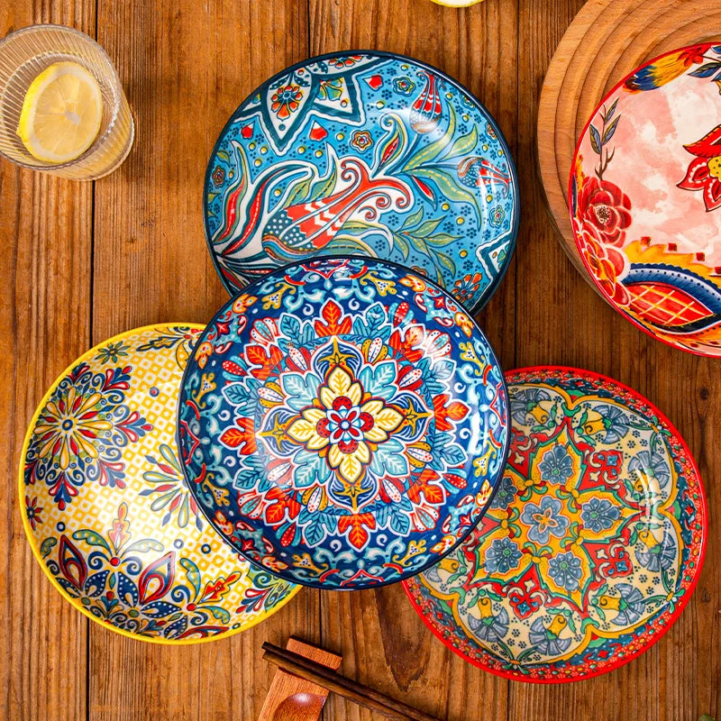 1pc Bohemian Style Ceramic Plate with High Aesthetic Value Home Creative 7-inch Fruit Plate Steak Plate Round Tableware