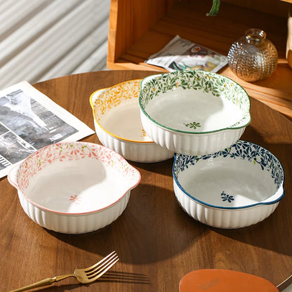 1/4pcs Ceramic Bowl Plate Set, Double Ear, Four Seasons Floral,Oven Microwave Safe, Noodles Salad Fruit,Party Hot Pot Picnic BBQ