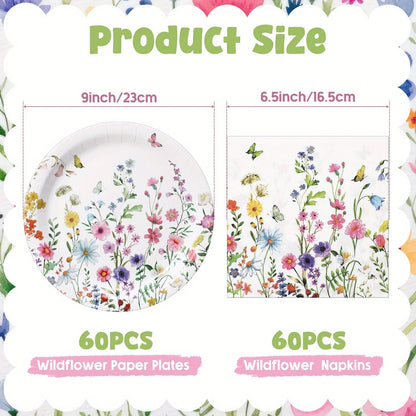 120pcs of Wildflower-Themed Paper Plates And Napkins, 9 Inches in Size, Perfect for Disposable Tableware at a Baby Shower, Spring Birthday