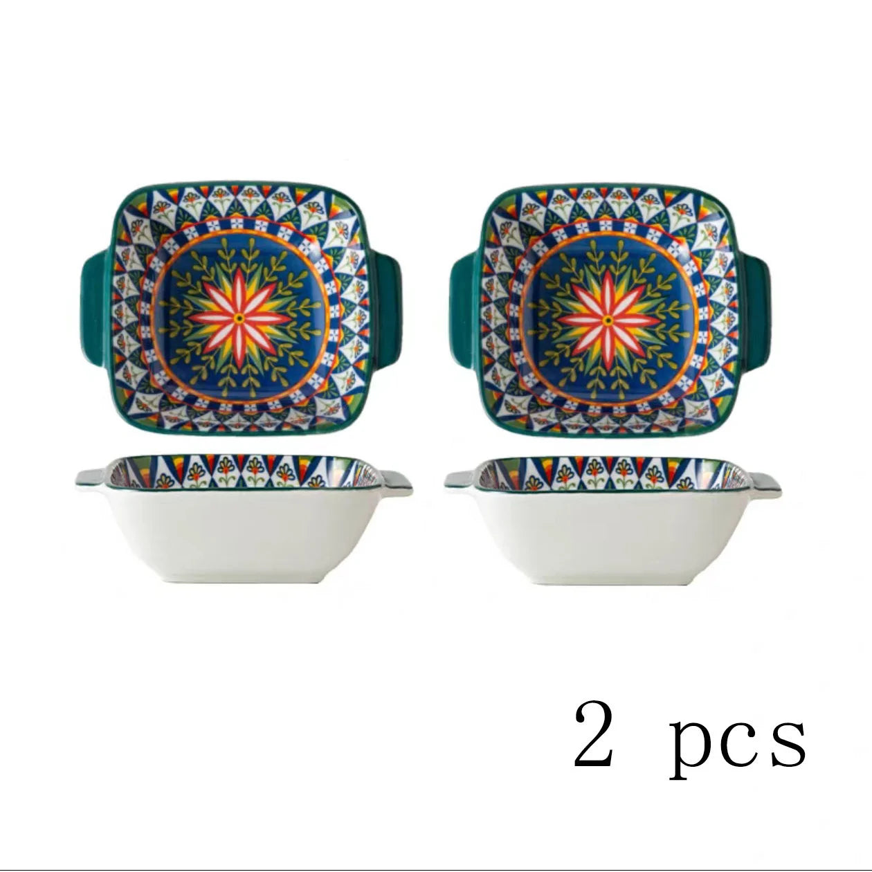 2Only15.24Bohemian-style ceramic salad bowl/Pasta bowl，Reusable dessert container with handle/Snack bowl，Boho tableware