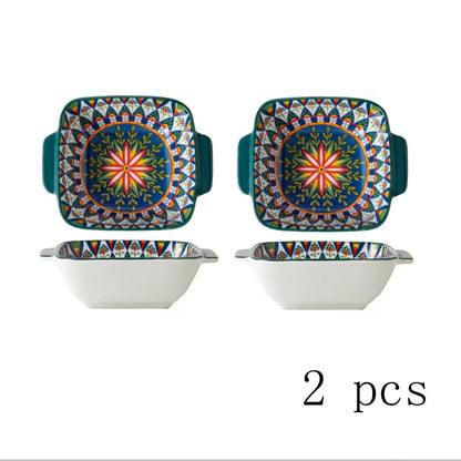 2Only15.24Bohemian-style ceramic salad bowl/Pasta bowl，Reusable dessert container with handle/Snack bowl，Boho tableware