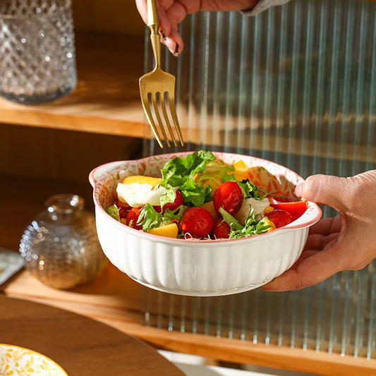 1/4pcs Ceramic Bowl Plate Set, Double Ear, Four Seasons Floral,Oven Microwave Safe, Noodles Salad Fruit,Party Hot Pot Picnic BBQ