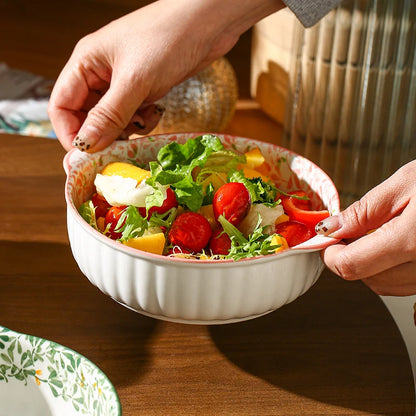 1/4pcs Ceramic Bowl Plate Set, Double Ear, Four Seasons Floral,Oven Microwave Safe, Noodles Salad Fruit,Party Hot Pot Picnic BBQ