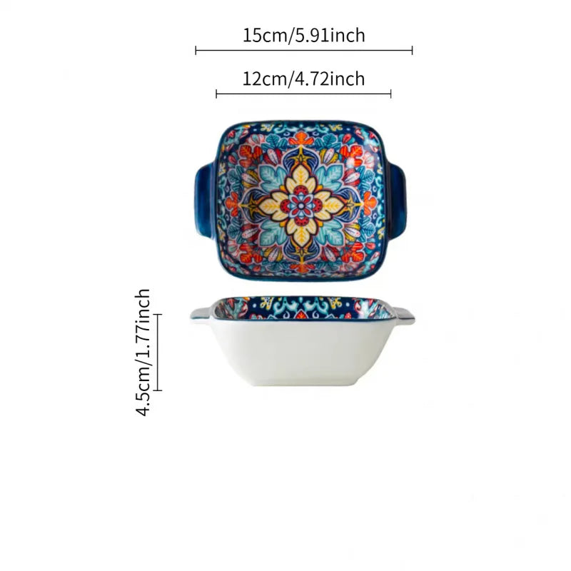 2Only15.24Bohemian-style ceramic salad bowl/Pasta bowl，Reusable dessert container with handle/Snack bowl，Boho tableware