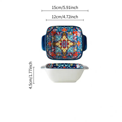 2Only15.24Bohemian-style ceramic salad bowl/Pasta bowl，Reusable dessert container with handle/Snack bowl，Boho tableware