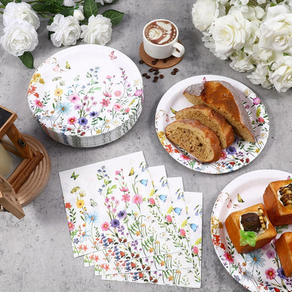 120pcs of Wildflower-Themed Paper Plates And Napkins, 9 Inches in Size, Perfect for Disposable Tableware at a Baby Shower, Spring Birthday