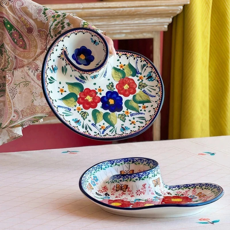 Snail Shaped Ceramic Dumpling Plate with Vinegar Compartment Divided Multifunctional Non Stick Tableware for Home Use