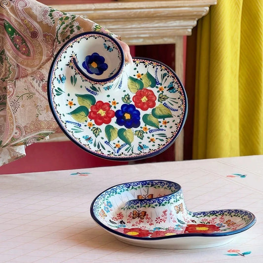 Snail Shaped Ceramic Dumpling Plate with Vinegar Compartment Divided Multifunctional Non Stick Tableware for Home Use
