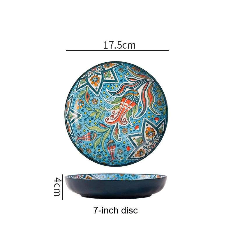 1pc Bohemian Style Ceramic Plate with High Aesthetic Value Home Creative 7-inch Fruit Plate Steak Plate Round Tableware