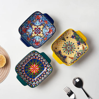 2Only15.24Bohemian-style ceramic salad bowl/Pasta bowl，Reusable dessert container with handle/Snack bowl，Boho tableware