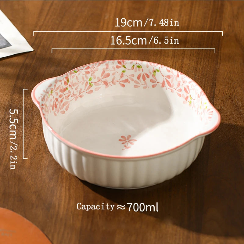 1/4pcs Ceramic Bowl Plate Set, Double Ear, Four Seasons Floral,Oven Microwave Safe, Noodles Salad Fruit,Party Hot Pot Picnic BBQ