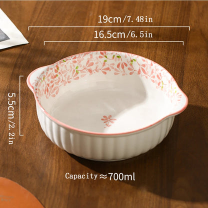 1/4pcs Ceramic Bowl Plate Set, Double Ear, Four Seasons Floral,Oven Microwave Safe, Noodles Salad Fruit,Party Hot Pot Picnic BBQ