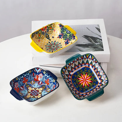 2Only15.24Bohemian-style ceramic salad bowl/Pasta bowl，Reusable dessert container with handle/Snack bowl，Boho tableware
