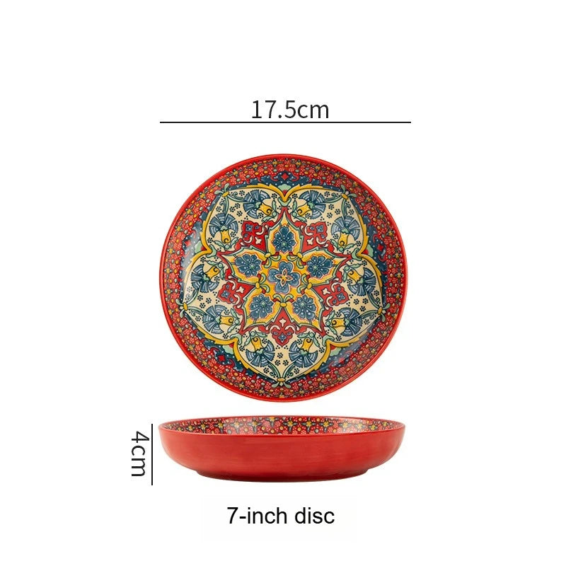 1pc Bohemian Style Ceramic Plate with High Aesthetic Value Home Creative 7-inch Fruit Plate Steak Plate Round Tableware